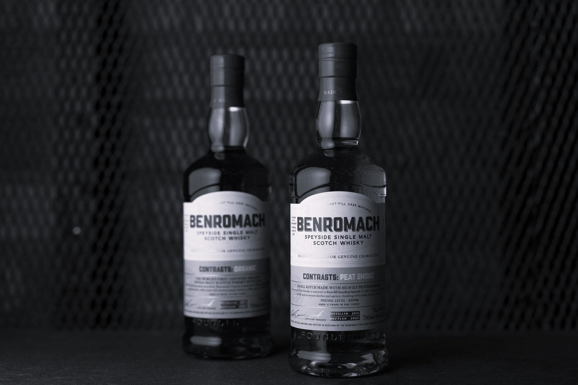 An image of two Benromach Contrasts Range: Organic & Peat Smoke
