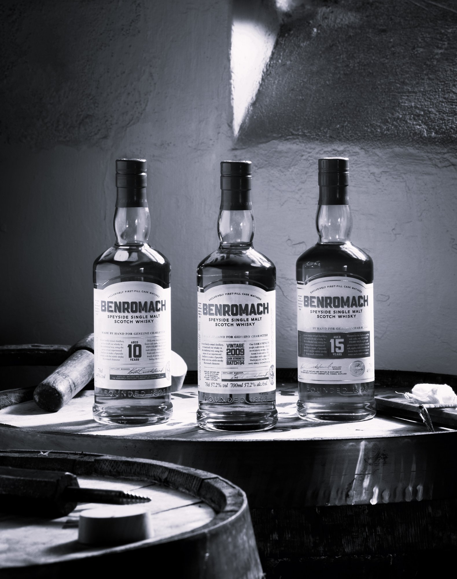 An image of Benromach 10 Year Old, 15 Year Old and one of our Cask Strength Vintages