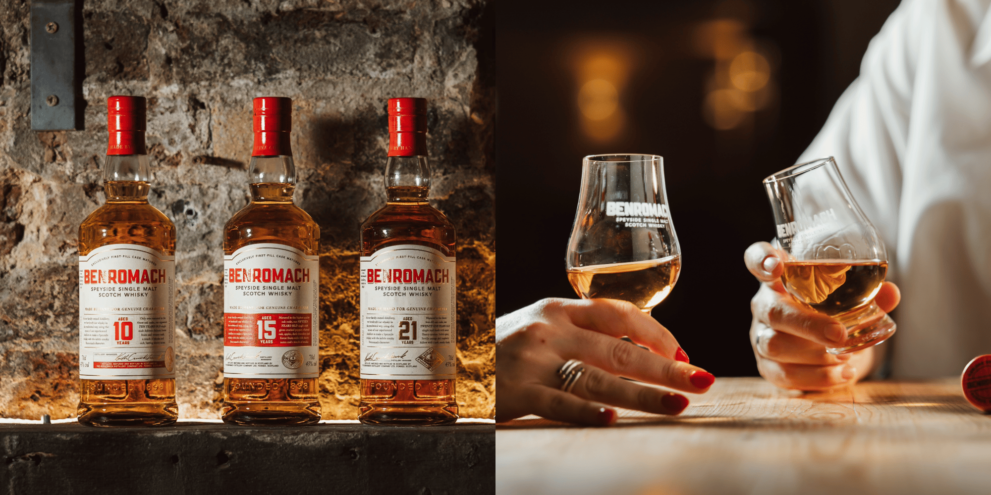 An image of the Benromach signature range and two people with two glasses of Benromach