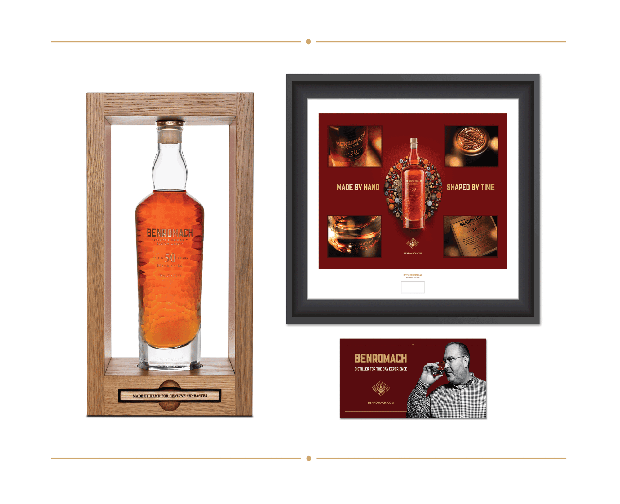 Glass decanter in wooden box of 50 Year Old Benromach Speyside Single Malt Scotch Whisky, a unique Benromach 50 print and a  'Distiller for a day' voucher