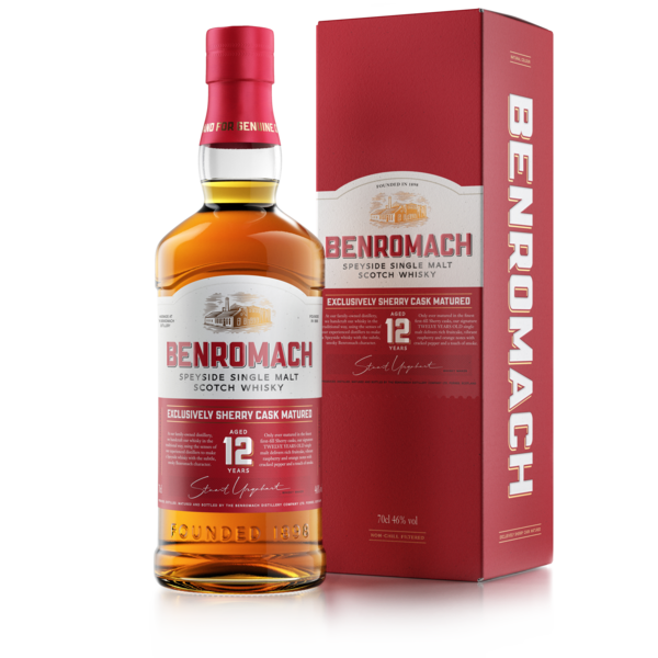 A bottle and box of Benromach 12 Year Old Speyside Single Malt Scotch Whisky with prominent branding on label