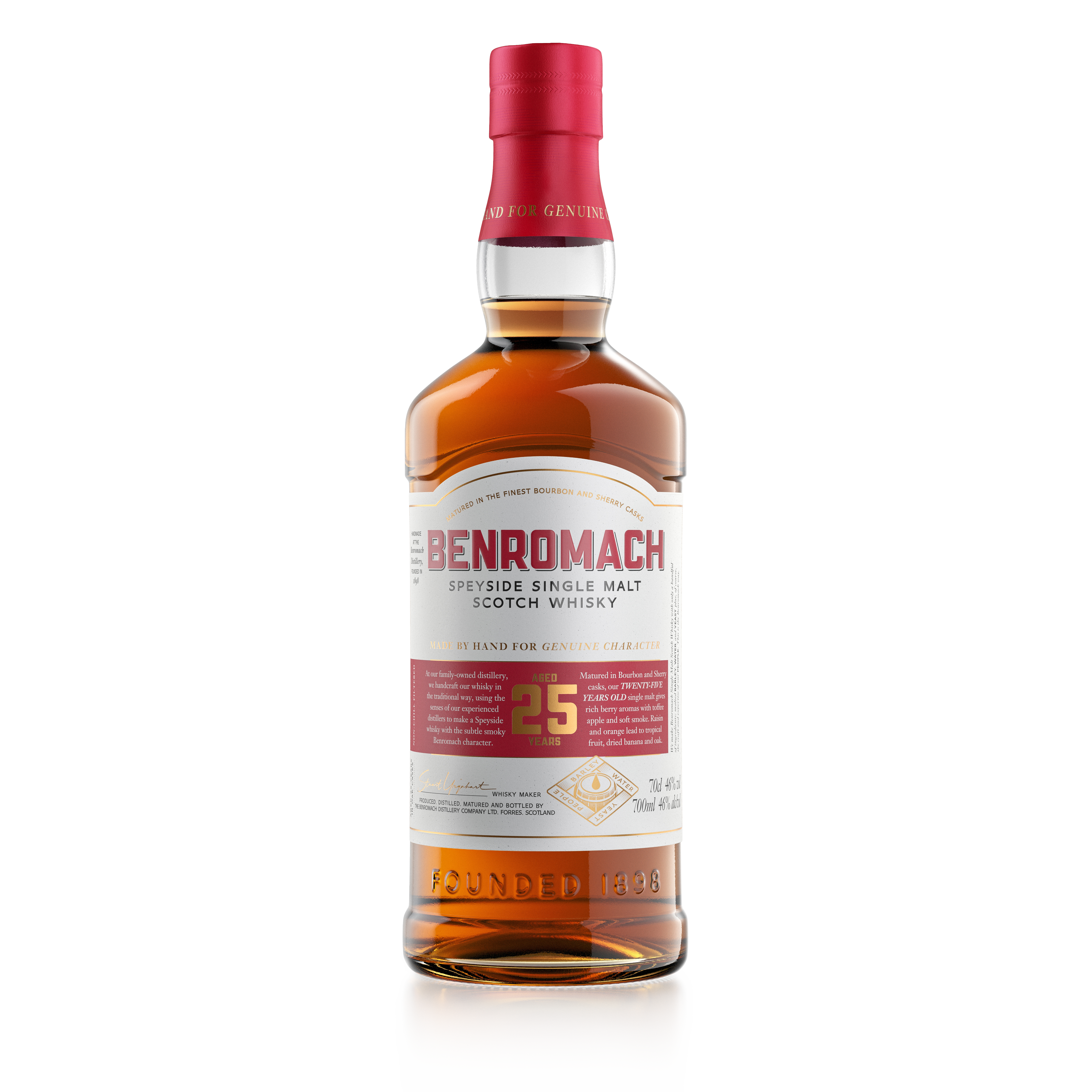 A bottle of Benromach 25 Year Old Speyside Single Malt Scotch Whisky with prominent branding on label