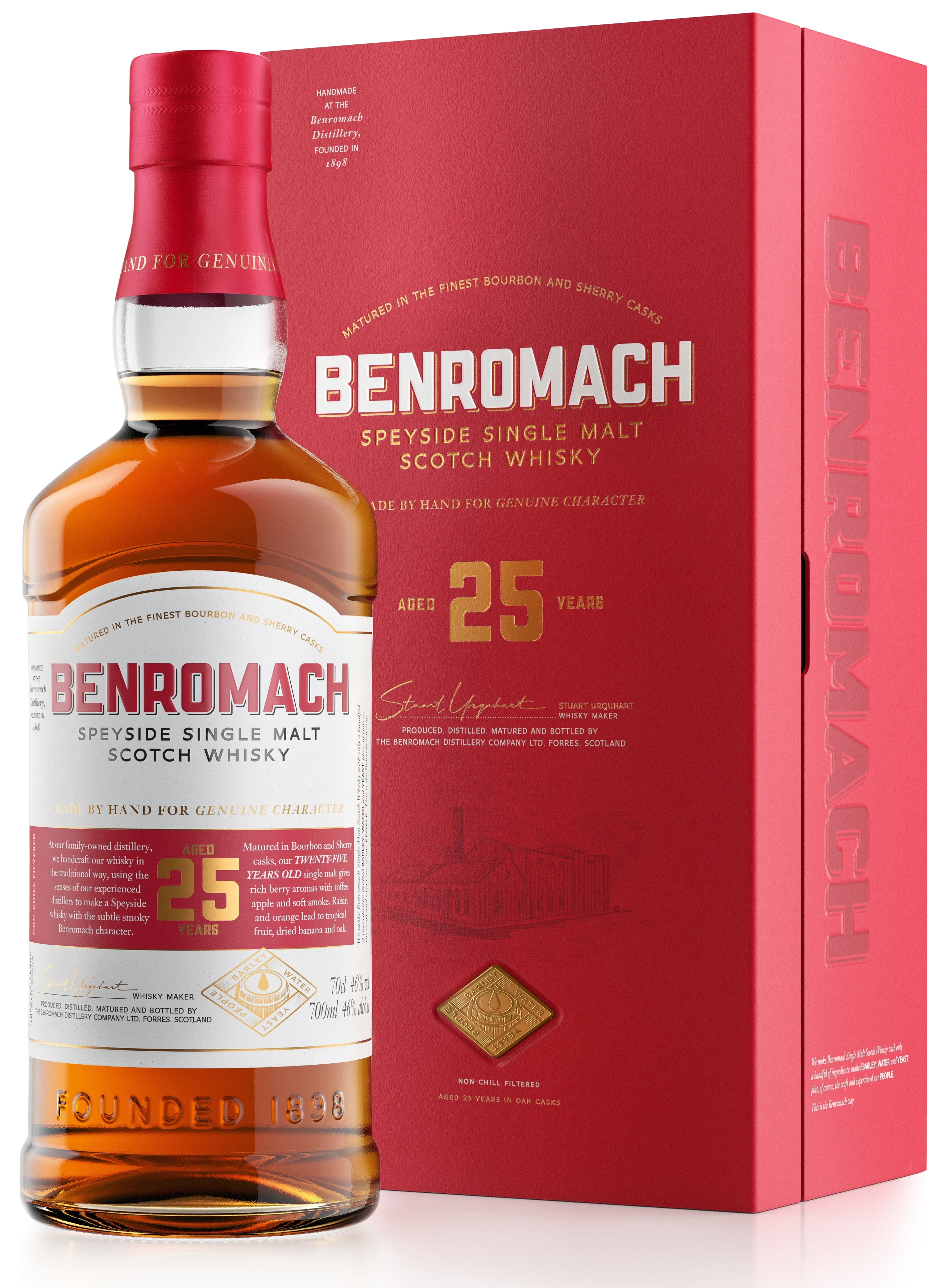 A bottle of Benromach 25 Year Old Speyside Single Malt Scotch Whisky with gift box