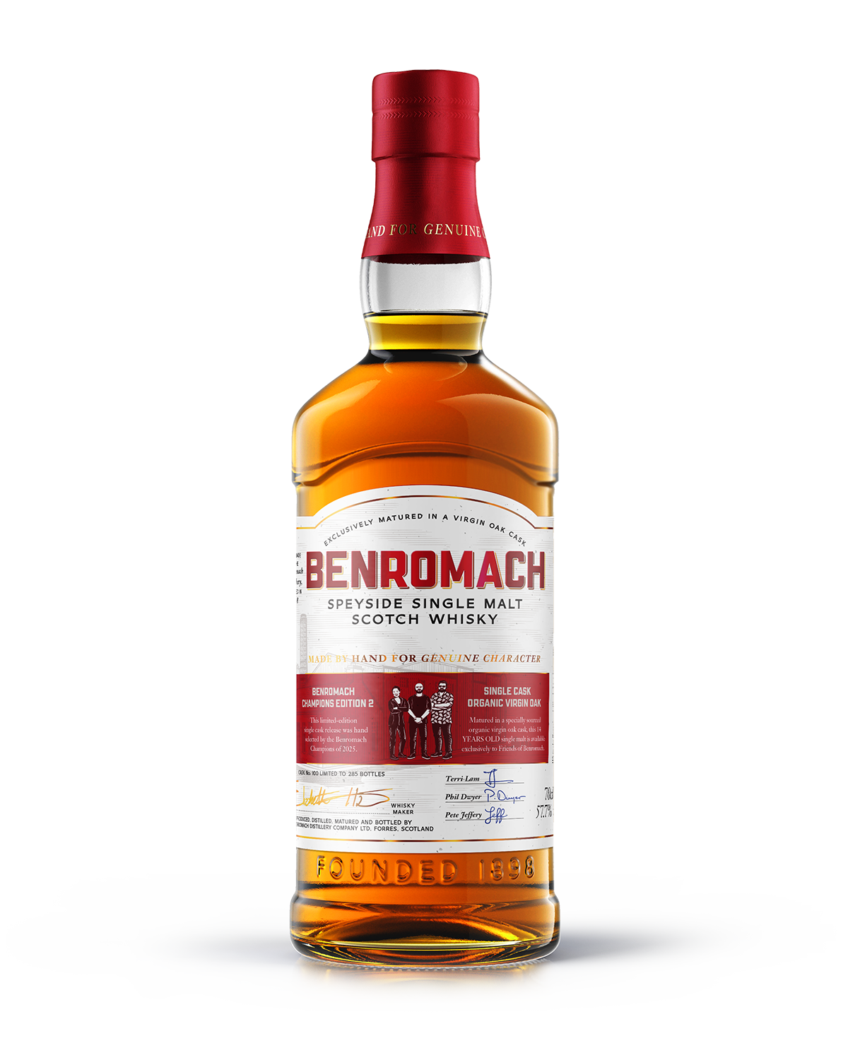 A bottle of Benromach Champions Edition 2 Speyside Single Malt Scotch Whisky with prominent branding on label