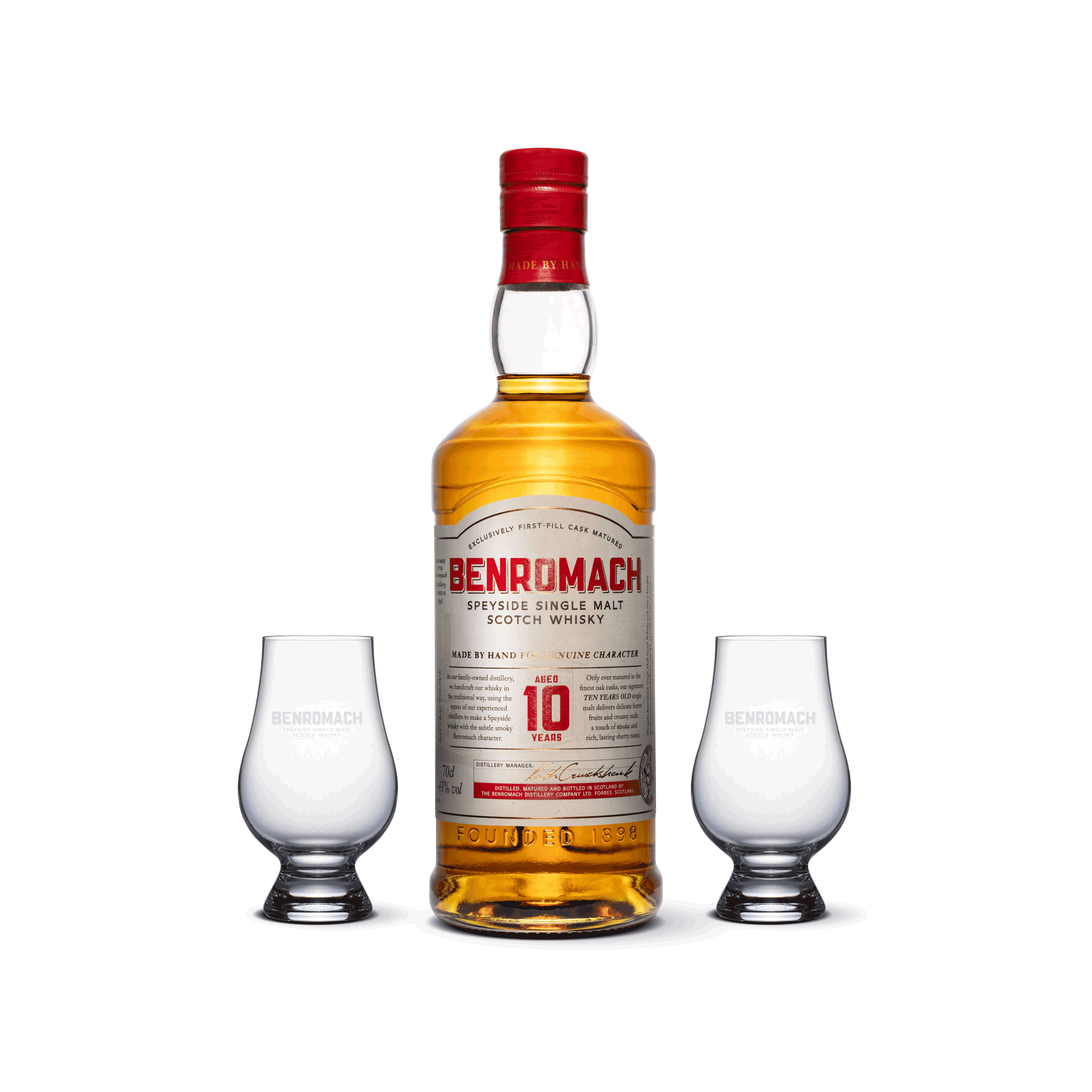 A bottle of Benromach 10 Year Old Speyside Single Malt Scotch Whisky with prominent branding and age on label with two glasses