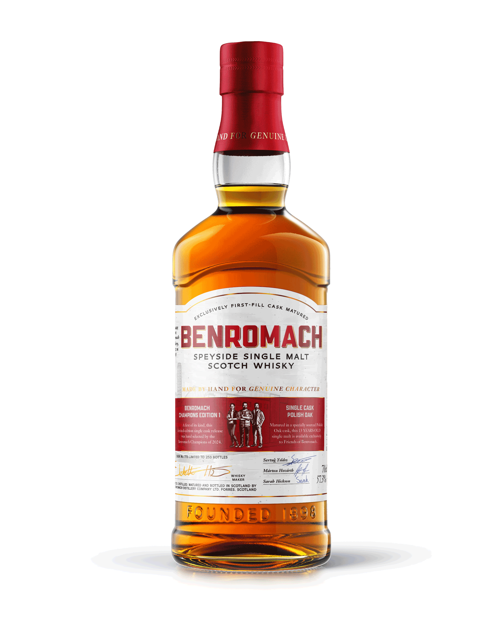 A bottle of Benromach Champions Edition 1 Speyside Single Malt Scotch Whisky with prominent branding on label