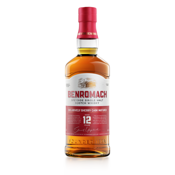A bottle of Benromach 12 Years Old Speyside Single Malt Scotch Whisky with branding and age prominent on label